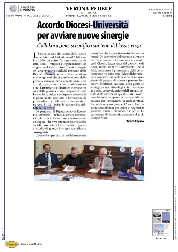 Verona Fedele – Accordo Diocesi-Università per avviare nuove sinergie