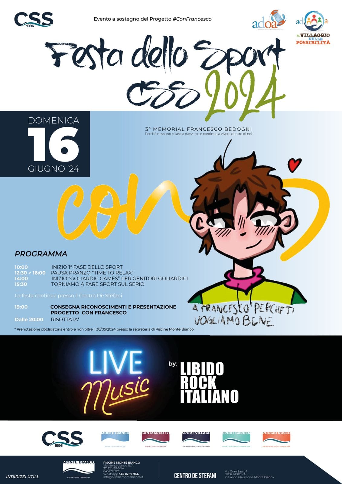16 giugno 2024
Festa dello Sport Css Verona 2024

Più di 300 ragazzi e giovani, famiglie e amici di Francy, ieri, dentro e “attorno” alle p…