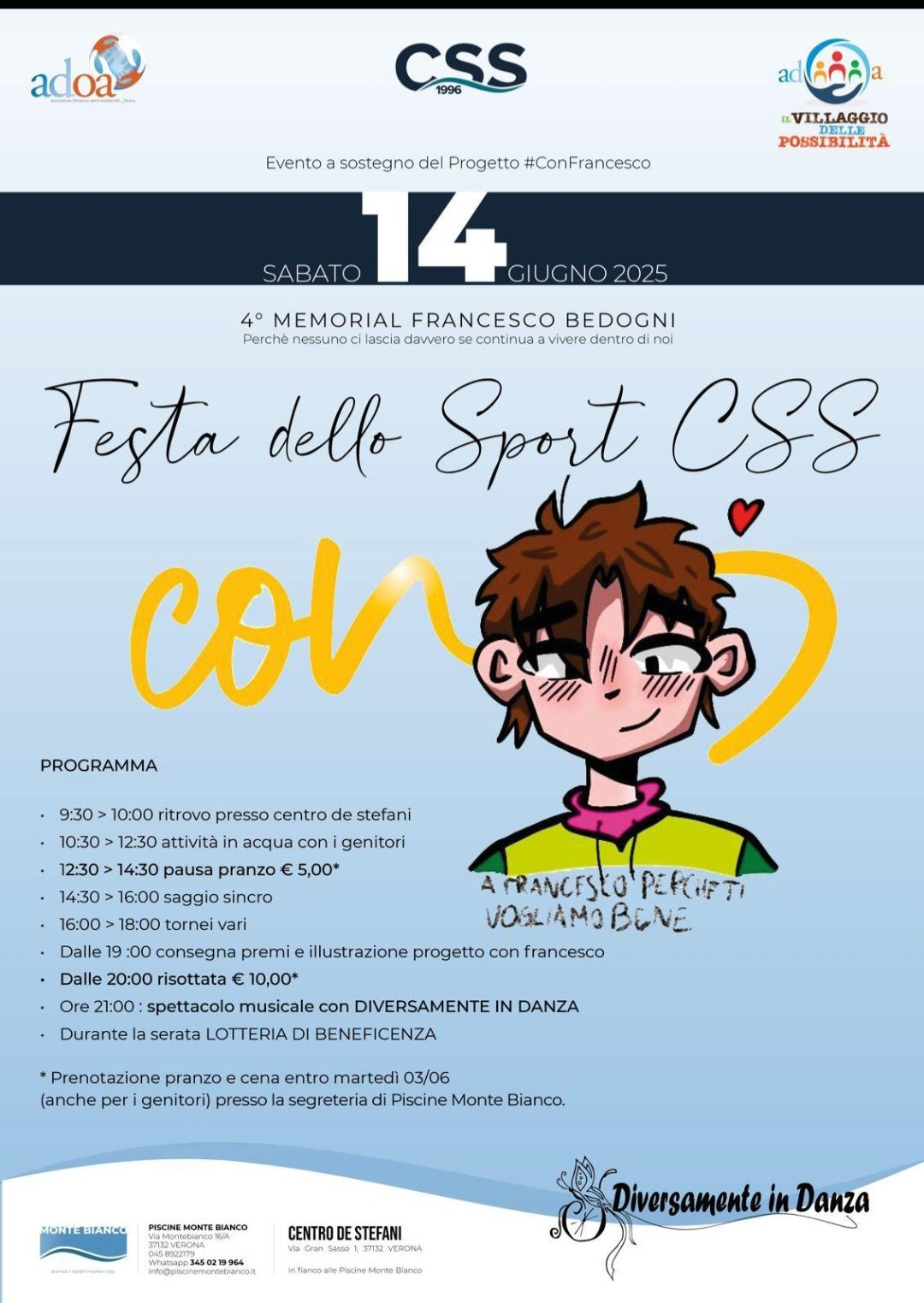 SABATO 14 GIUGNO 2025 

4° Memorial Francesco Bedogni 

Evento a supporto del progetto di inclusione sociale e di formazione #ConFrancesco,…